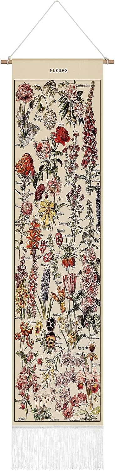 Tapestries - Tegeme Vintage Tapestry 52 x 13 Inch, Long Vertical Wall Hanging Reference Illustrative Botanical Tassel Tapestry for Bedroom Living Room Home Decoration(Flower)