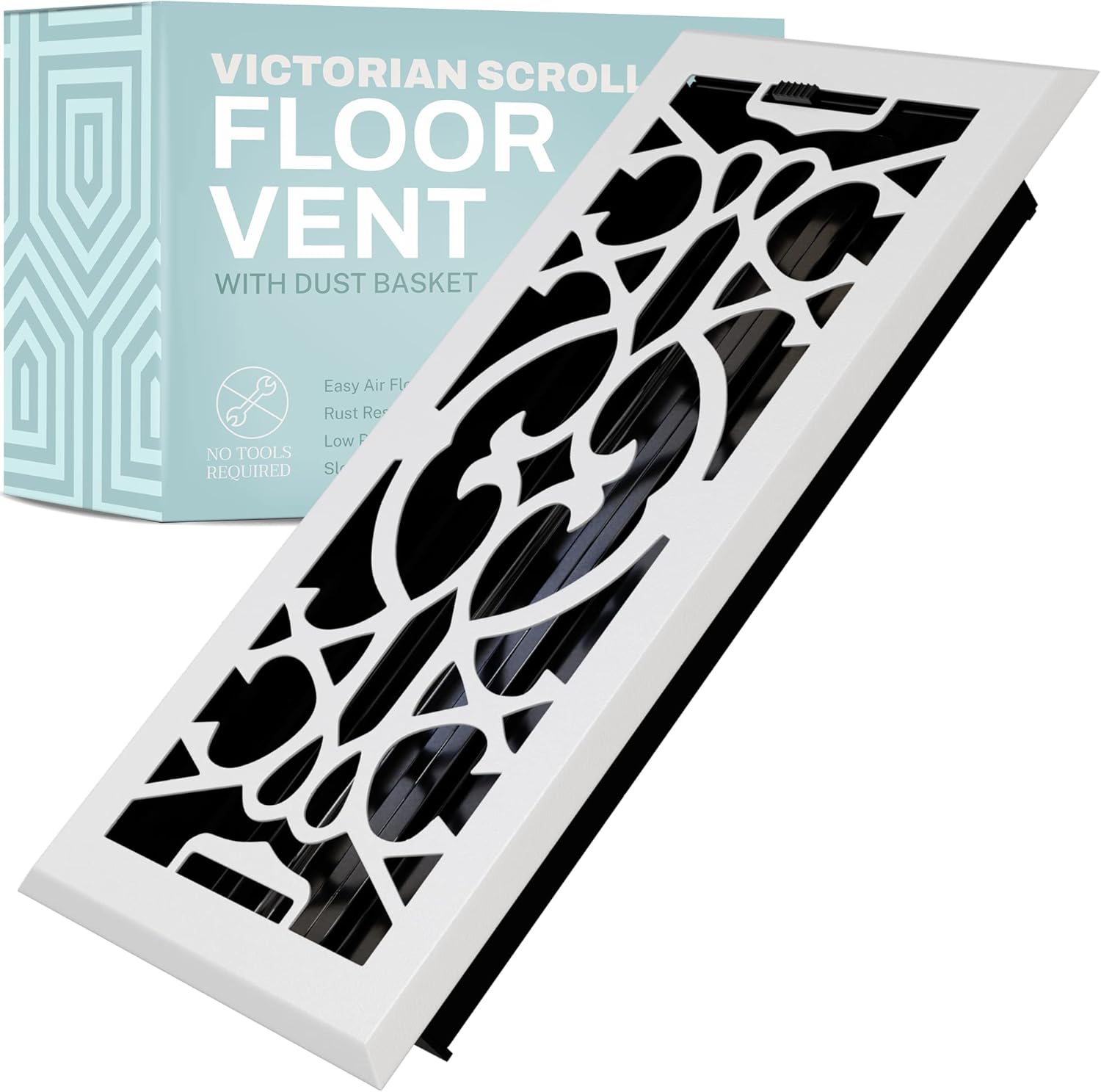 Registers, Grilles & Vents - Home Intuition Victorian Scroll 4x14 Inch Decorative Floor Register Vent with Mesh Cover Trap, White