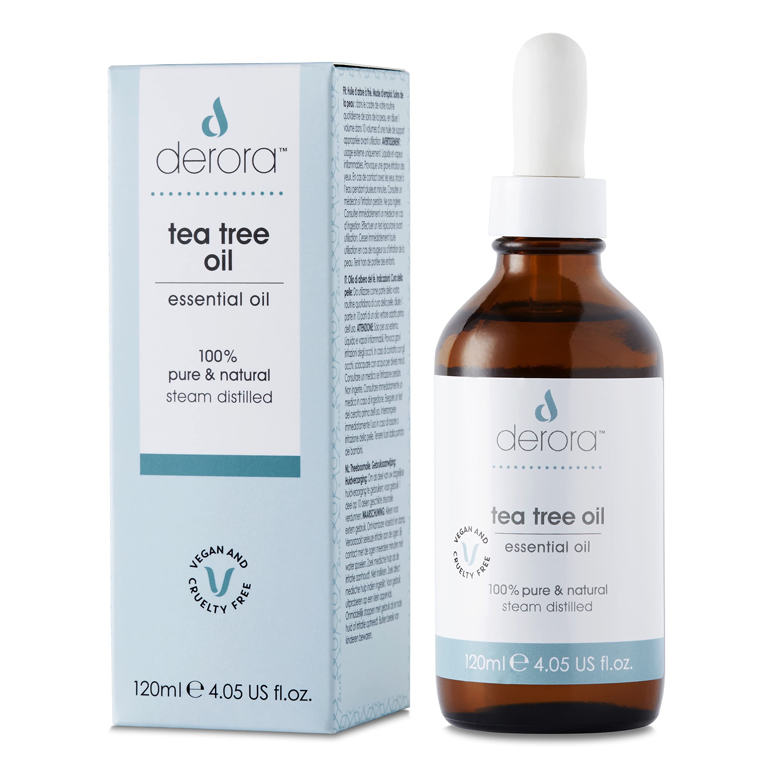 Derora Tea Tree Oil | For Skin, Hair & Nails | Cleansing & Invigorating | 100% Pure & Natural | Antioxidant & Natural Antiseptic | Steam Distilled | All Skin Types | Vegan & Cruelty Free (120ml)