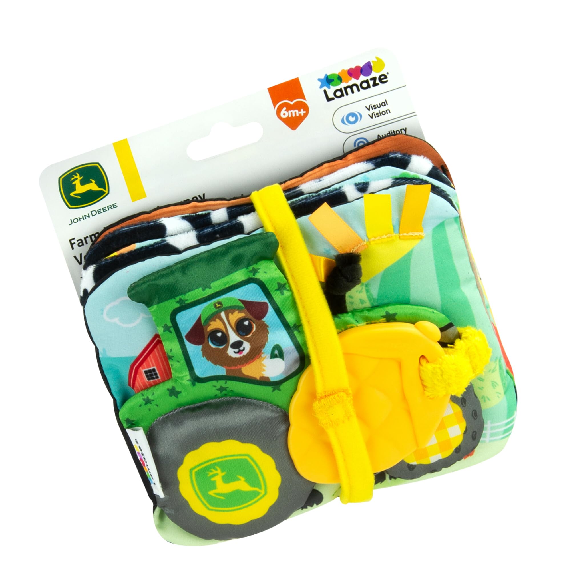 Lamaze John Deere Farm to Table Journey | Soft Fold Out Baby Book with Colourful and Black and White Panels, Crinkle Sounds, Squeaker, Ribbons, Teether | Sensory Toys for Babies from 6+ Months
