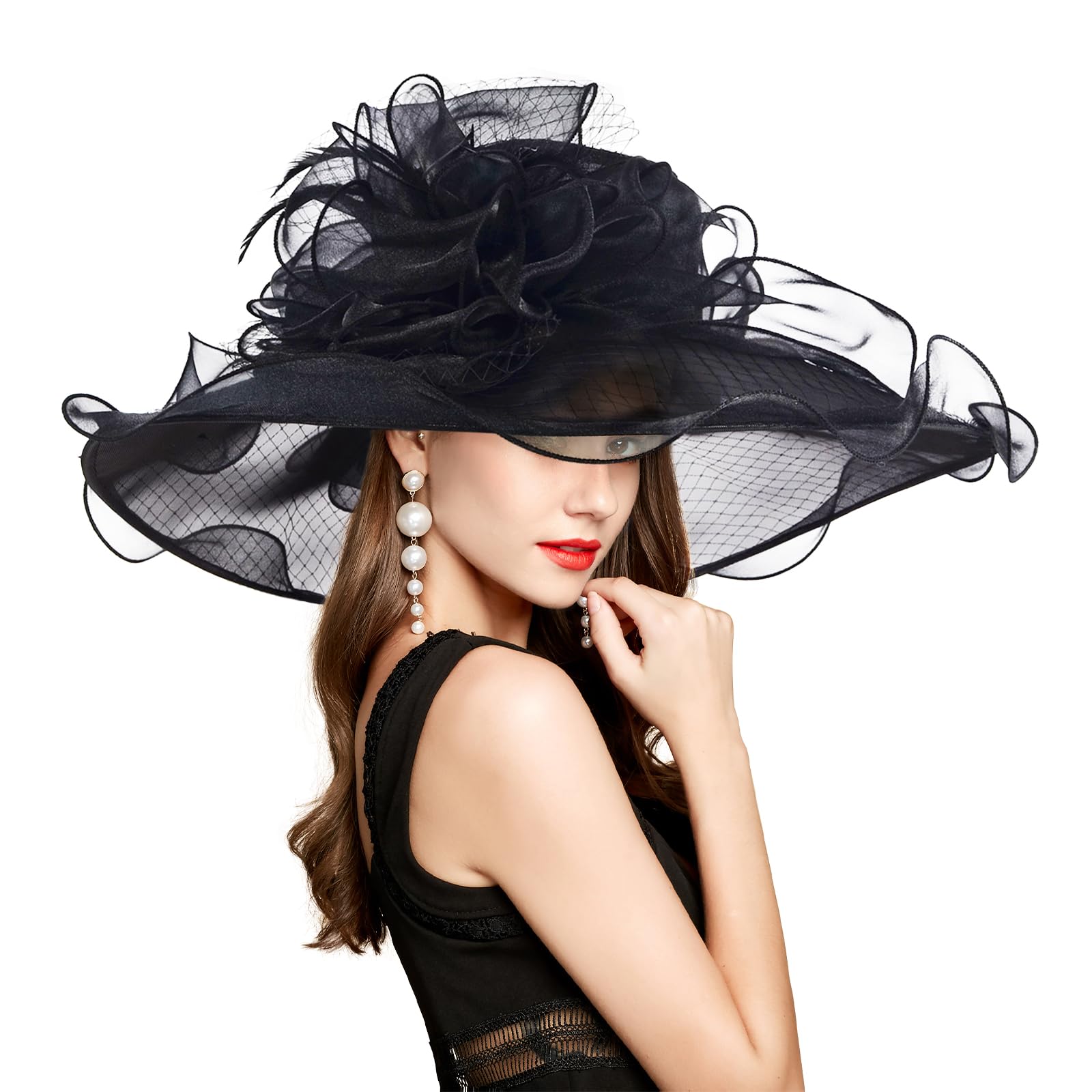 Photo 1 of 2025 Derby Hats for Women Girls Ladies, Organza Church Tea Party Wedding Funeral Fascinator Hat UV Protection Sun Hat Black