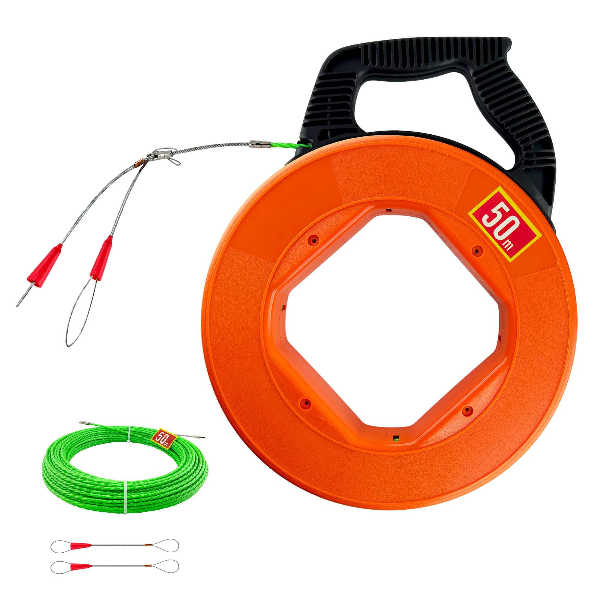 Cable Retraction Aid 50 m, Retractable Spiral, Retractable Spring, Polyester Pull Wire Fish Tape Retractable Aid for Cable with 2 Guide Springs, with Plastic Housing, Cable Entry Device (50M-A)
