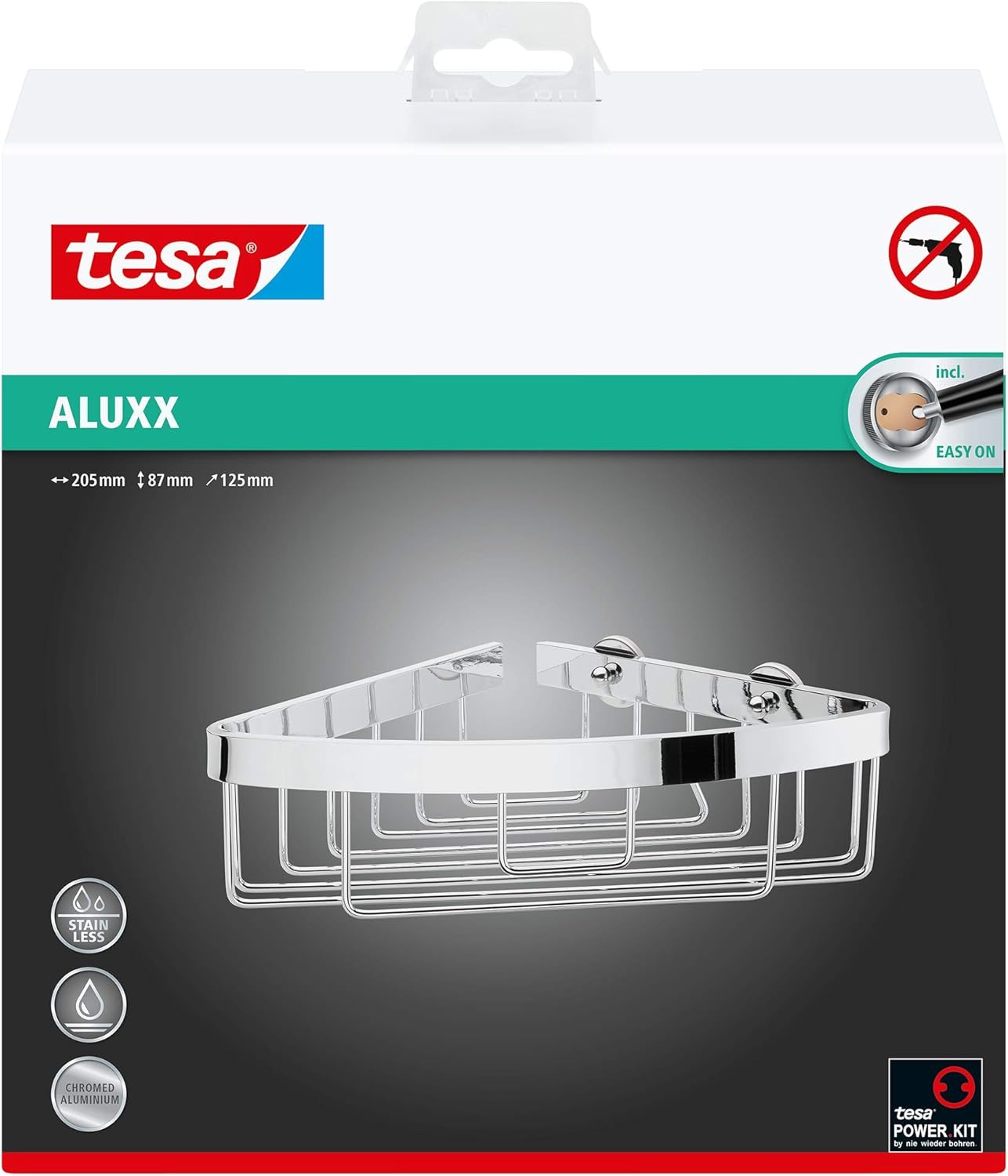 tesa Aluxx No Drill, Wall Mounted Bathroom Shower Corner Caddy, Chrome