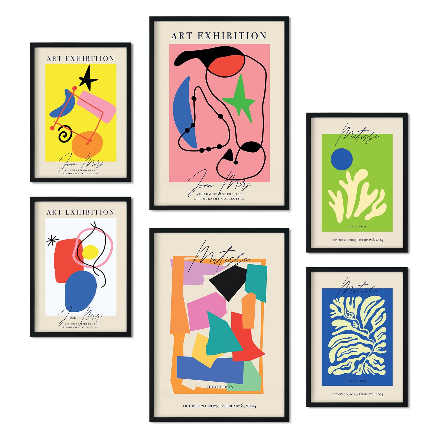 Nacnic Set of 6 posters Art Exibition. Collection of posters in collage aesthetic for interior decoration. Sizes A3 and A4. Frameless.