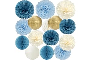 Dusty Blue Champagne Gold Beige Paper Flowers Tissue Pom Poms Honeycomb Lanterns 15pcs Party Decorations Boy Birthday Wedding Baby Bridal Shower Hanging Supplies Mprocherify