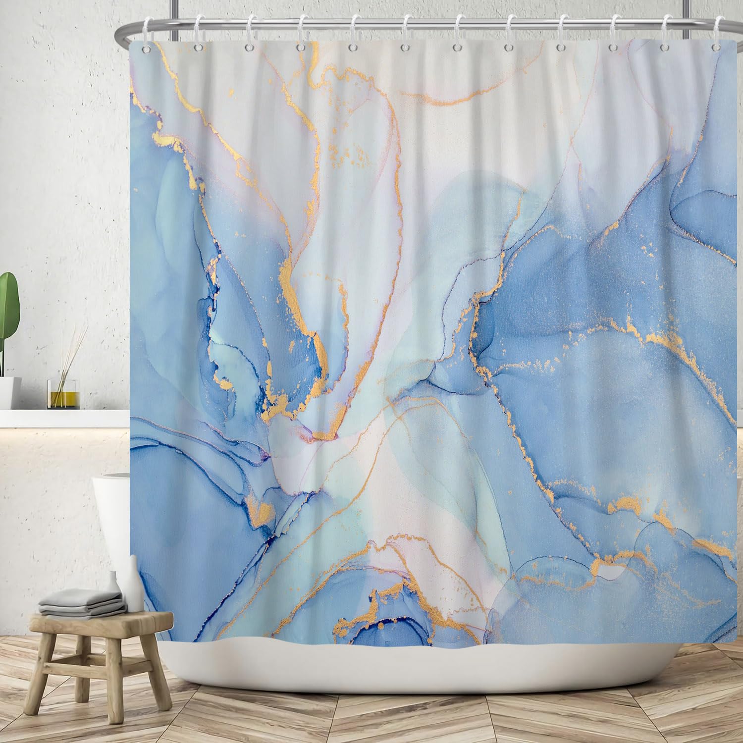 ASDCXZ Marble Shower Curtain 180x180 cm, Modern Abstract Blue White Gold Marble Optic Texture Washable Bath Shower Curtains Polyester Textile Waterproof Shower Curtain for Bathtub with 12 Hooks