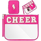 Hillban 2 Pcs Cheer Makeup Cosmetic Bag Cheerleader Team Gifts Clear Zipper Toiletry Pouch for Travel Chenille Letter Bag Pink Preppy Patch Purse PVC Waterproof Cheer Stuff Accessories for Women Girl