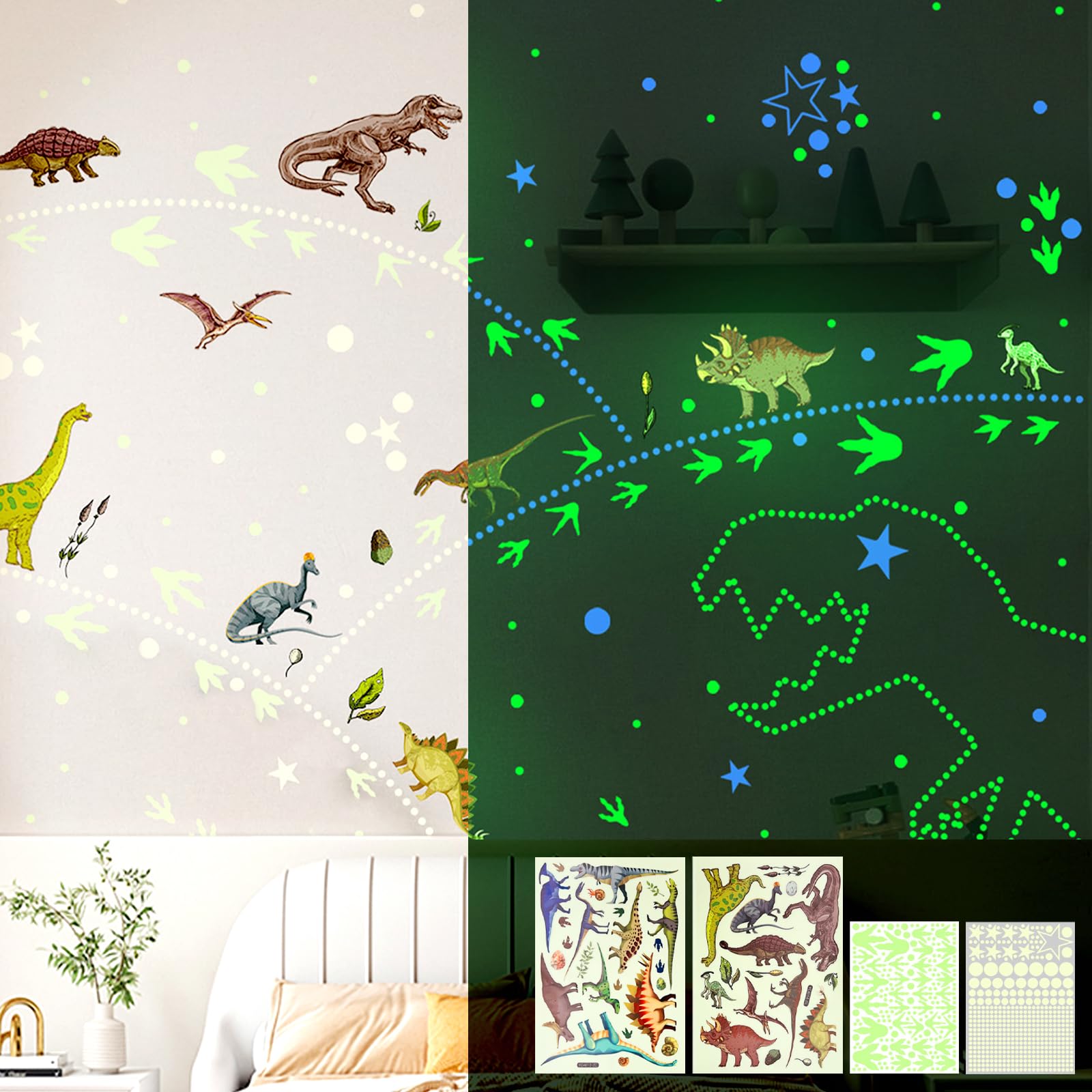 SNAIL GARDEN 688PCS Glow in The Dark Dinosaur Stickers, Luminous Wall Decors for Kids Bedroom Nursery Living Room Decor (Green Light)