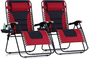 PHI VILLA XXL Oversized Padded Zero Gravity Chair, Foldable Patio Recliner, 30" Wide Seat Anti Gravity Lounger with Cup Holder, Set of 2, Support 400 LBS (Red)