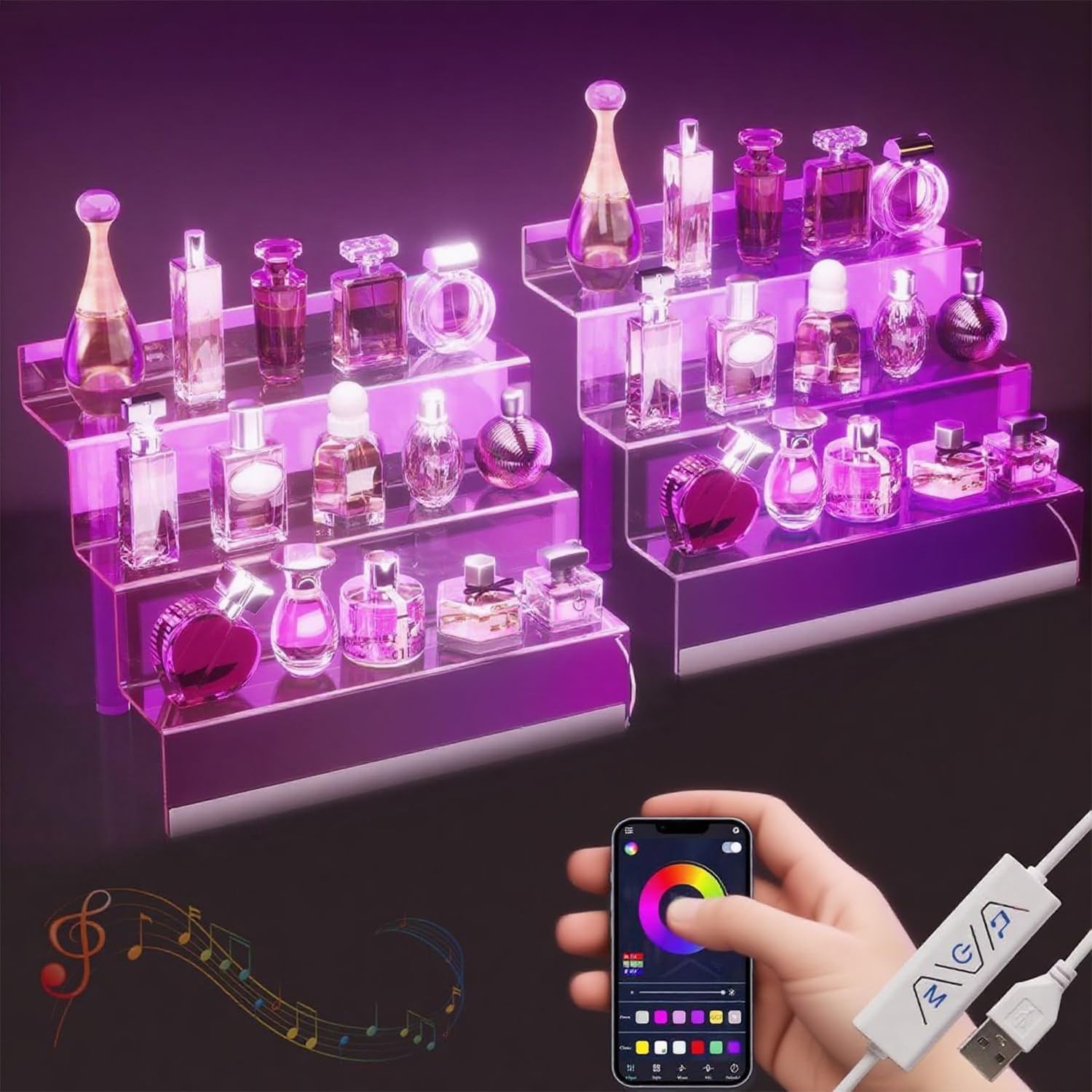 Photo 1 of 12” Acrylic Display Organizer with LED Light - 3 Tier Perfume Stand and Display Step Shelves Holder, Cologne Organizer for Men, Figures Stand, Porta Perfumes Para Tocador, Clear Riser, 2 Pack Stands