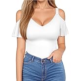 HERLOLLYCHIPS Sexy Tops for Women Cold Shoulder Deep V Neck Short Sleeve Slim Fit Summer Casual Tees T-Shirts