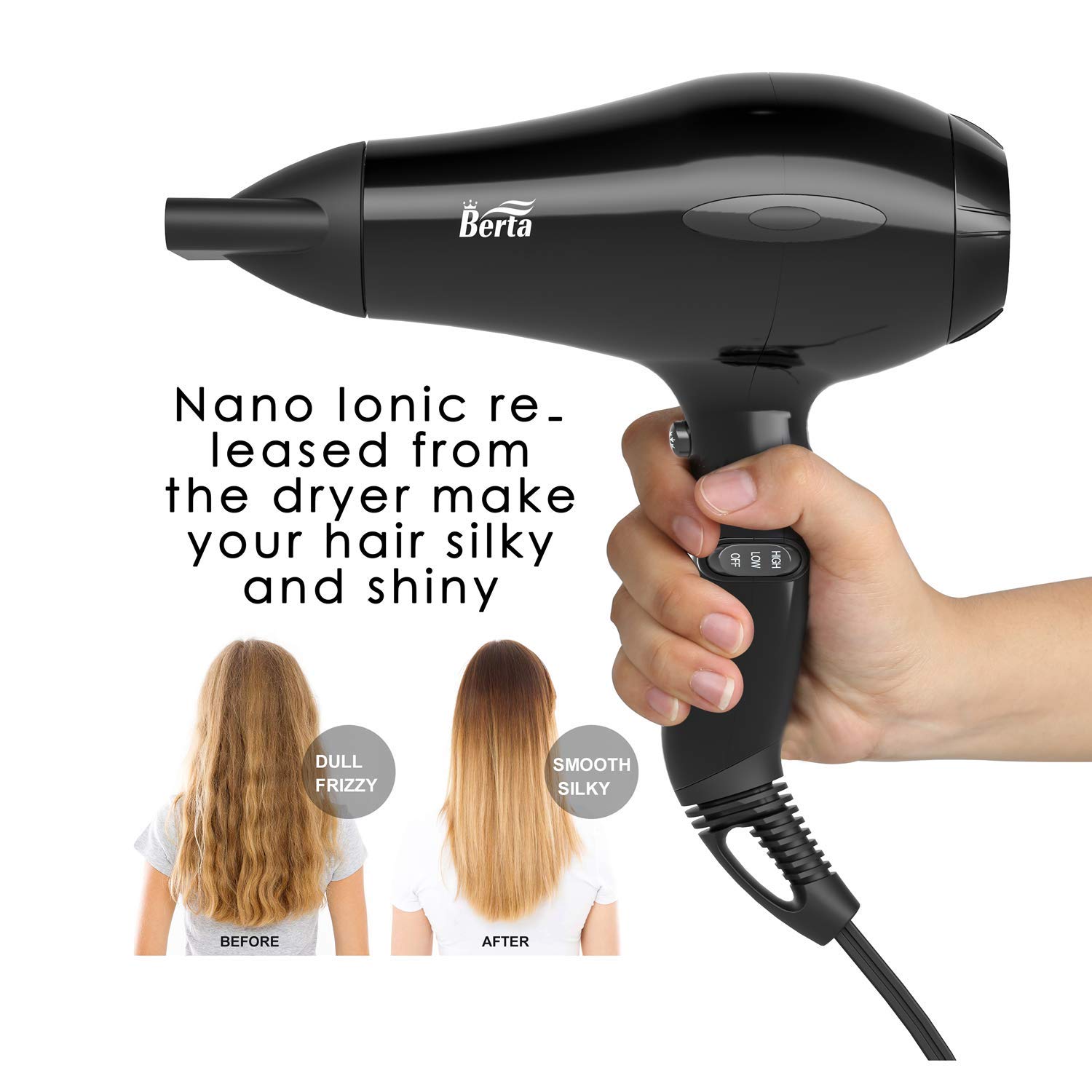 Berta Hair Dryer, Professional Ionic Salon Hair Dryer, Powerful 1875 watt Ceramic Tourmaline Blow Dryer, Quiet Hair dryer with Diffuser & 2 Concentrator Nozzle & Comb Attachments - Black