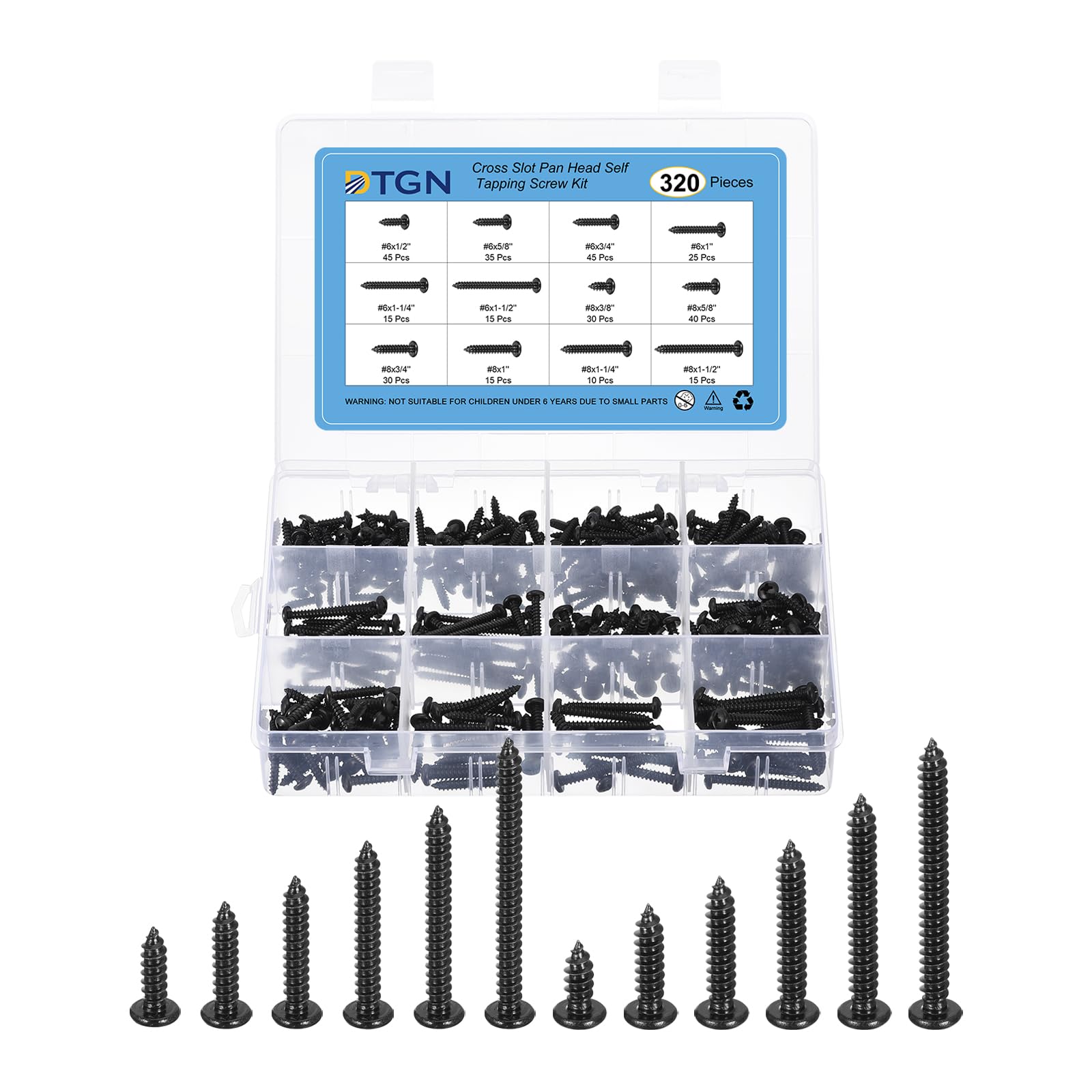 DTGN 304 Stainless Steel Self-Tapping Screws Pan Head Sheet Metal Screws Assortments Hardware Kit,Black Oxide(Size:#6x1/2-#8x1-1/2-320pcs)