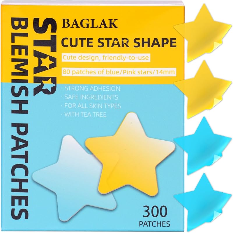 BAGLAK Star Hydrocolloid Pimple Patches 300 Yellow Blue Blemish Stickers