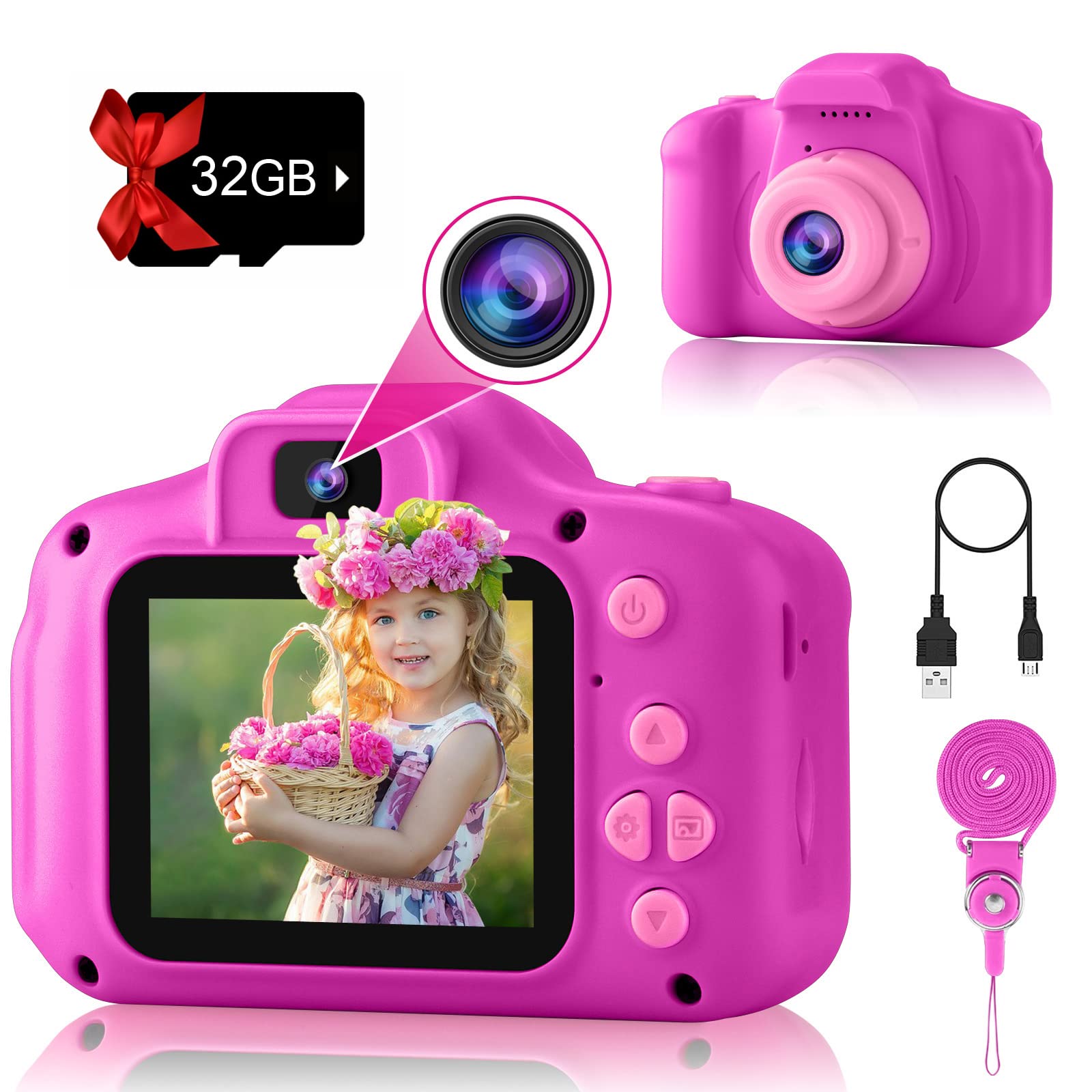 PROGRACE Kids Camera Girls Gift - Dual Selfie Kids Digital Camera Age 3 4 5 6 7 8 9 Year Old Children Camera Toys Christmas Birthday Gift Age 3-12 Toddler Camera Kids Video Camcorder Recorder,Rose Red