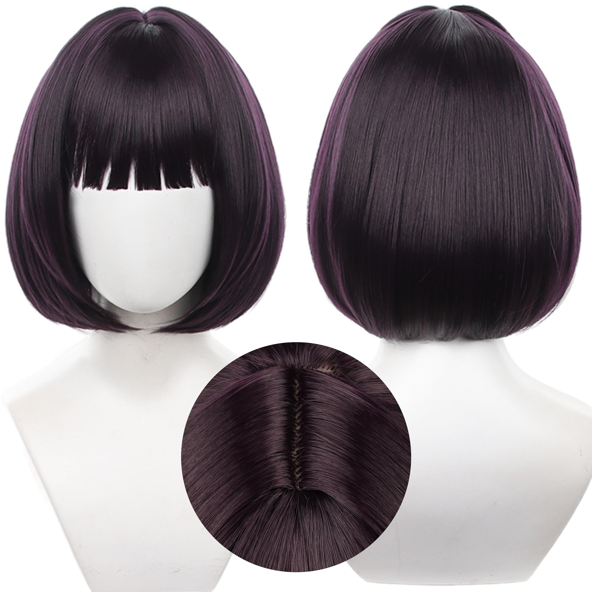 Purple Red Bob Short Wig for Anime Straight with Bangs Heat Resistant Synthetic Universal Costume Hairs for Women Men Cos Anime Party Replacment Wigs