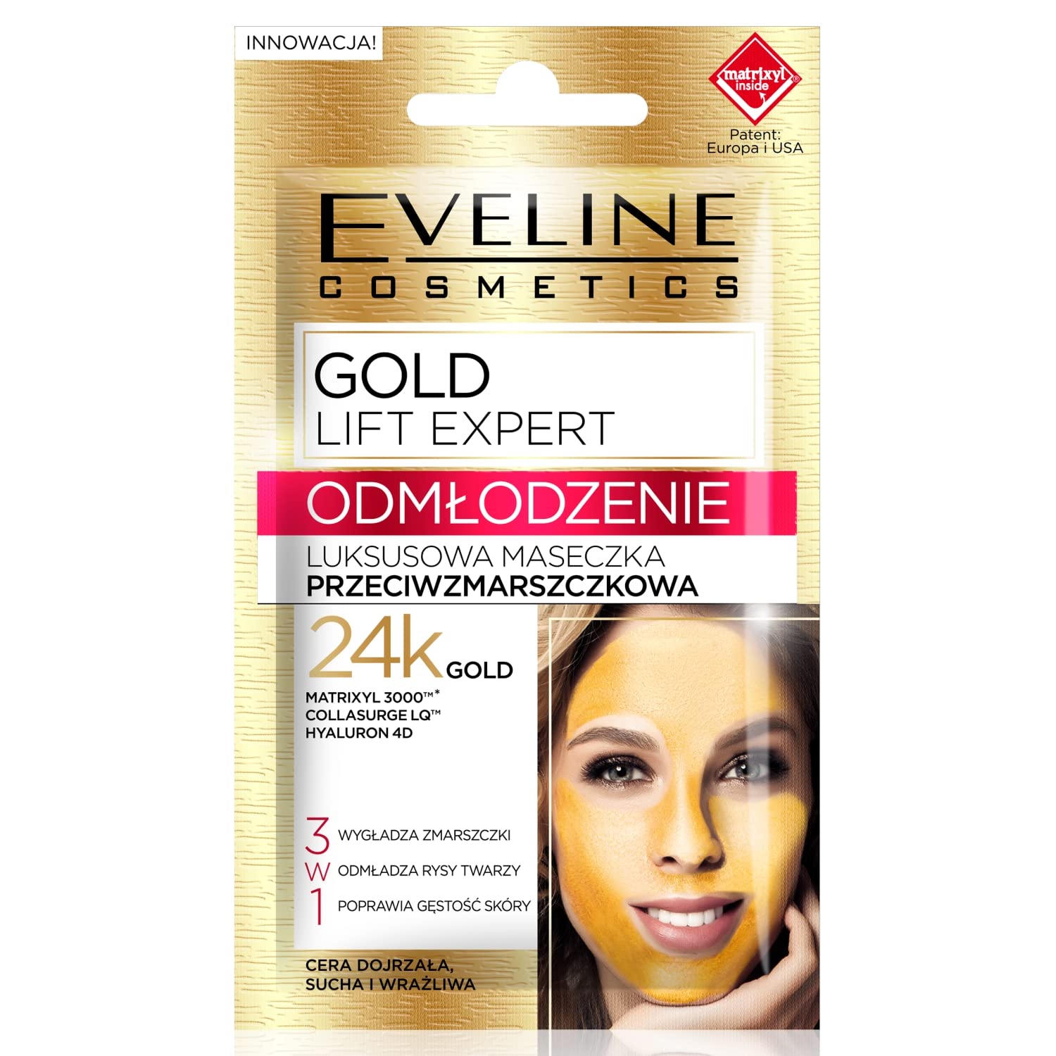 Eveline Cosmetics Gold Lift Expert Luxury Anti-Wrinkle Face Mask with 24k Gold Therapy 4D™, Hyaluronic Acid & Laminaria Extract - For Sensitive, Dry & Mature Skin