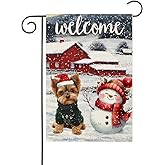 Welcome Christmas Garden Flag Winter Yorkie Garden Flags 12x18 Double Sided Burlap Snowman Rustic Farmhouse Dog Yard Flags for Seasonal Xmas Holiday Decoration(7977)