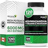 NEW! RENEW ACTIVES Organic Ashwagandha Supplement 6000MG + Theanine ,Magnesium & Black Pepper for Absorption | High Strength
