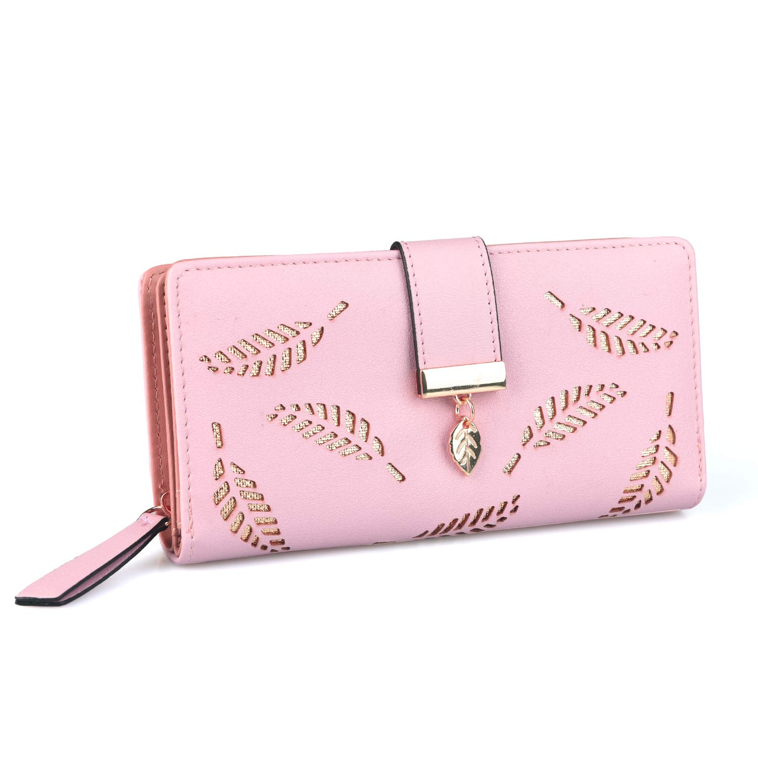 HXT-OAK Women's Leaf Hollowed Out PU Leather Wallet with Tree Leaf Pendant 12 Card Slots and Coin Zipper Storage Bag Pink