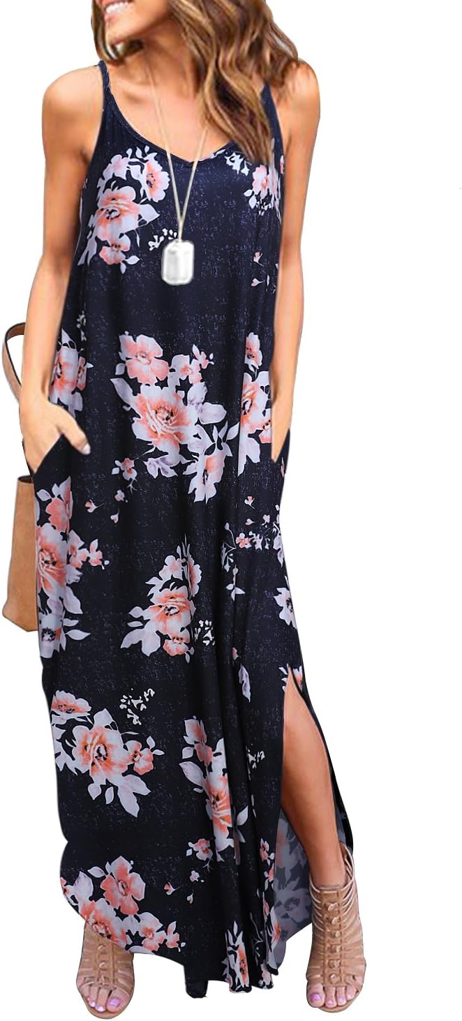 HUSKARY Women's Summer Casual Sleeveless V Neck Strappy Split Loose Dress Beach Cover Up Long Cami Maxi Dresses with Pocket