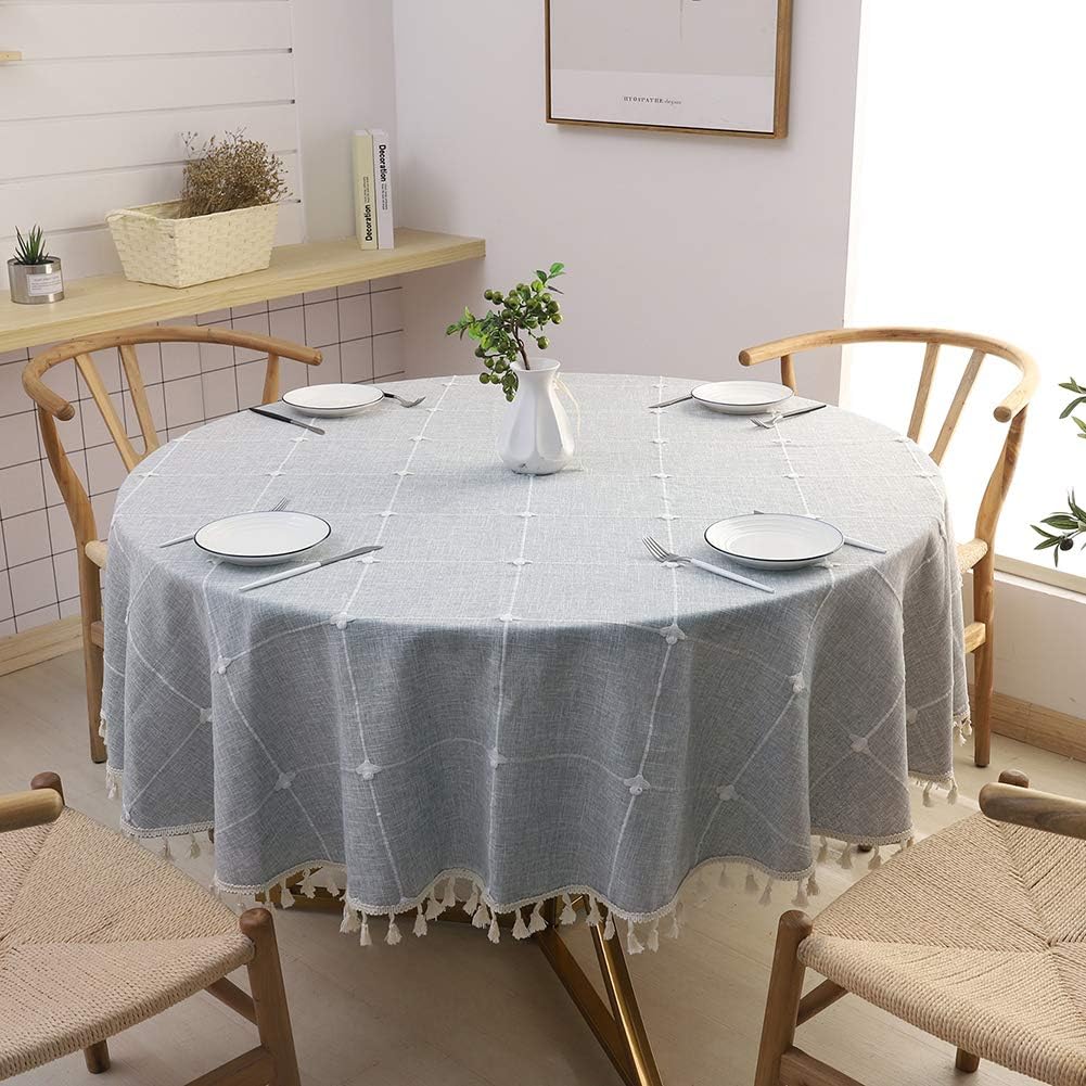 SPRICA Round Tablecloth, Cotton Linen Tassel Table Cover for Kitchen Dinner Table, Decorative Jacquard Table Desk Cover, Diameter 150cm/60in, Cross Pattern Gray: Furniture & Decor