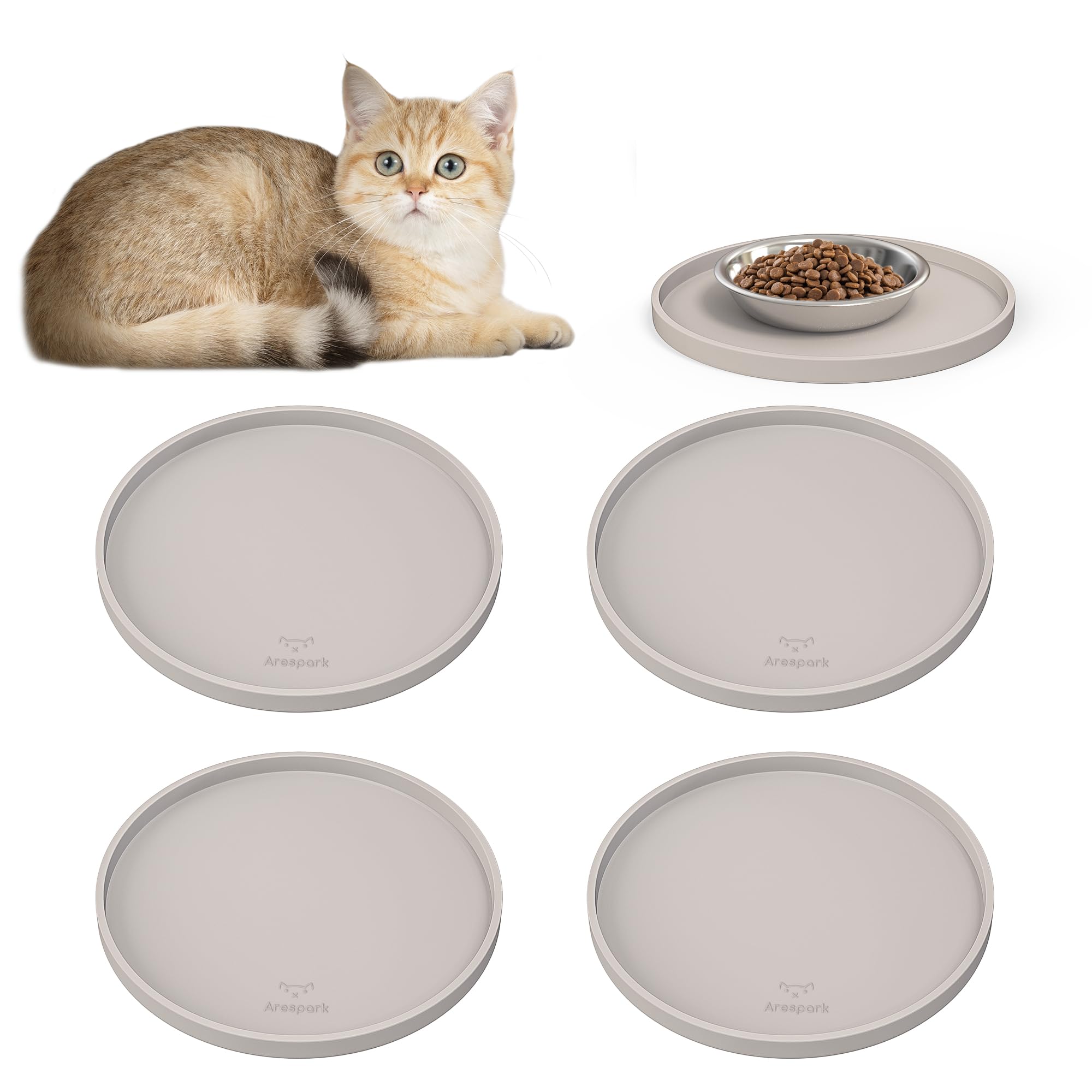 Photo 1 of Arespark Pet Silicone Food Mat, Set of 4 Nonslip Waterproof Feeding Bowl Mat with Raised Edges for Food and Water Prevent Spills, Round Eating Tray for Dog Cat Puppy Kitten, 8'' x 8''