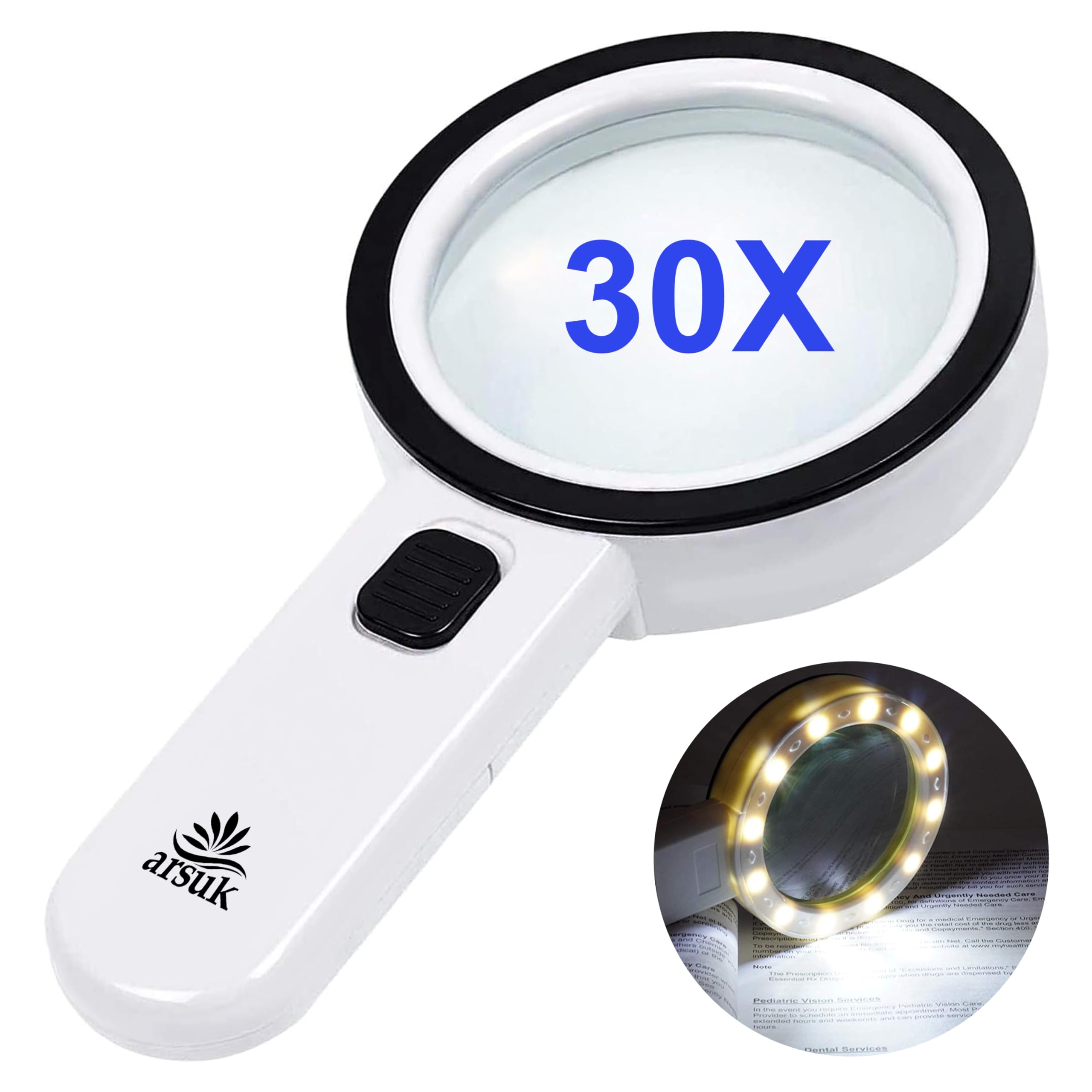 ARSUK Magnifying Glass with Light - 30X Handheld Magnifier with 12 LED Lights for Reading, Hobbies, Coins, Jewelry, Craft Work, Inspection - Strong Lens for Seniors & Macular Degeneration