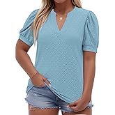 DOLNINE Womens Plus Size Tops Summer V Neck Eyelet Shirts Casual Puff Short Sleeve Tees