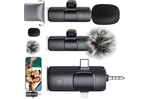 MENERESAS 3-in-1 Wireless Lavalier Microphone, Omnidirectional Lapel Mic for iOS/Android/Camera, Noise Reduction, Basalt Black