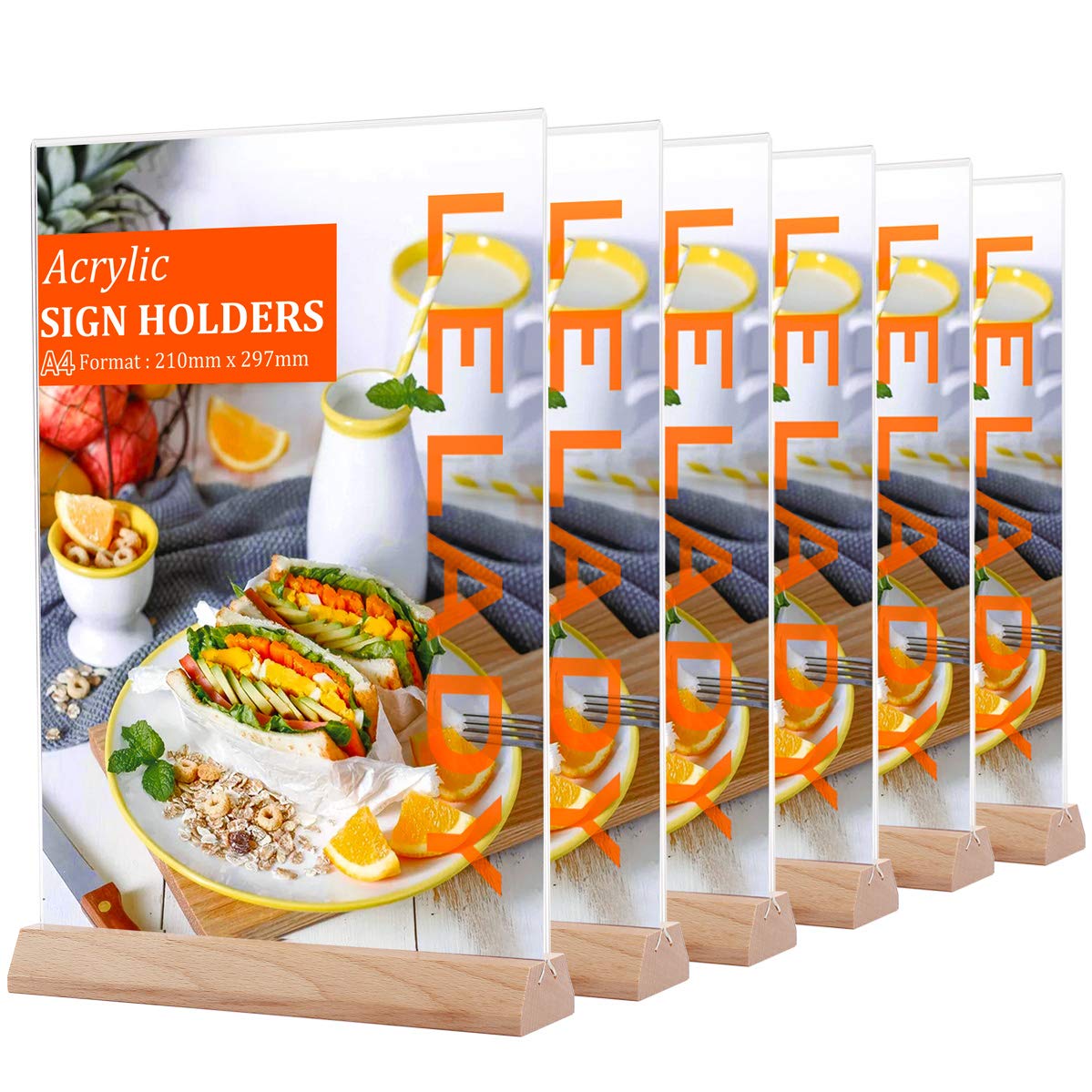 LELADY A4 Acrylic Sign Holder (6 Pack) A4 Plastic Display Stands Double Sided Menu Holder for Tables, Counter Poster Sign Display Stand for Restaurant Store Bar Company (Wood Base)