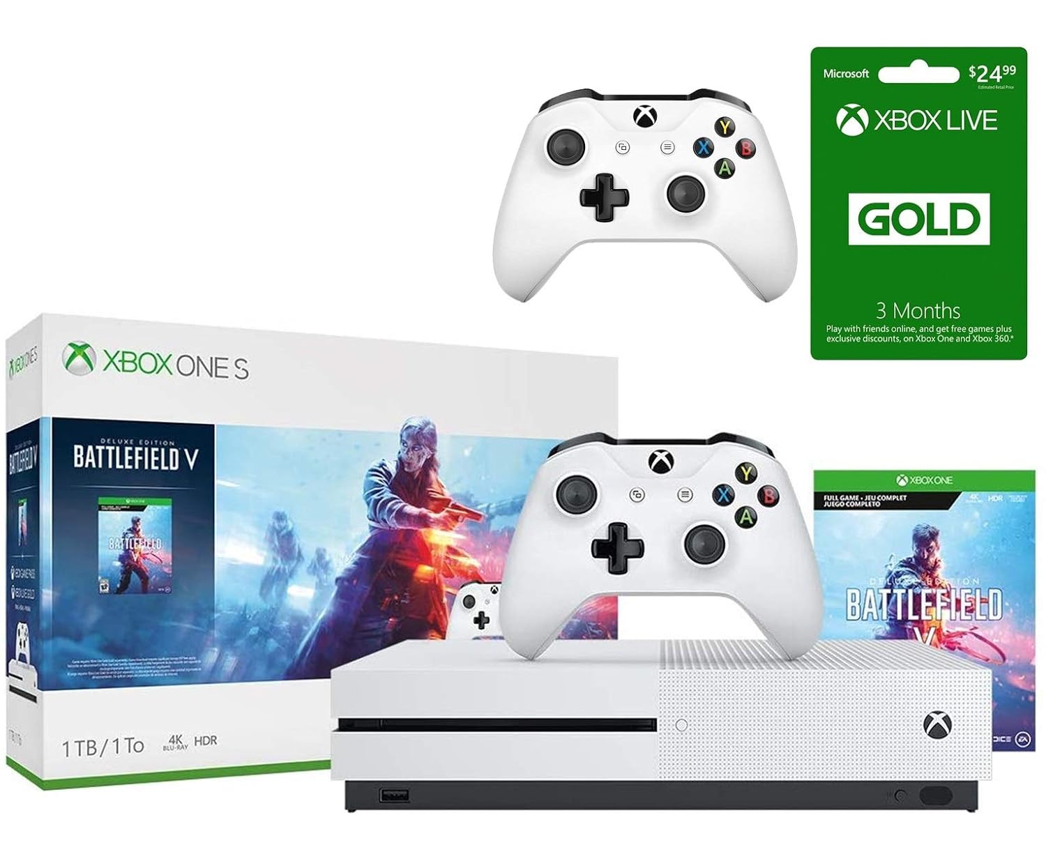 Xbox One S 1TB Battlefield V Bundle: Xbox One S 1TB Console, 2 Wireless Controller, Battlefield V Deluxe Edition, Battlefield: 1943, Battlefield 1 Revolution, 3-month Xbox Live Gold Membership