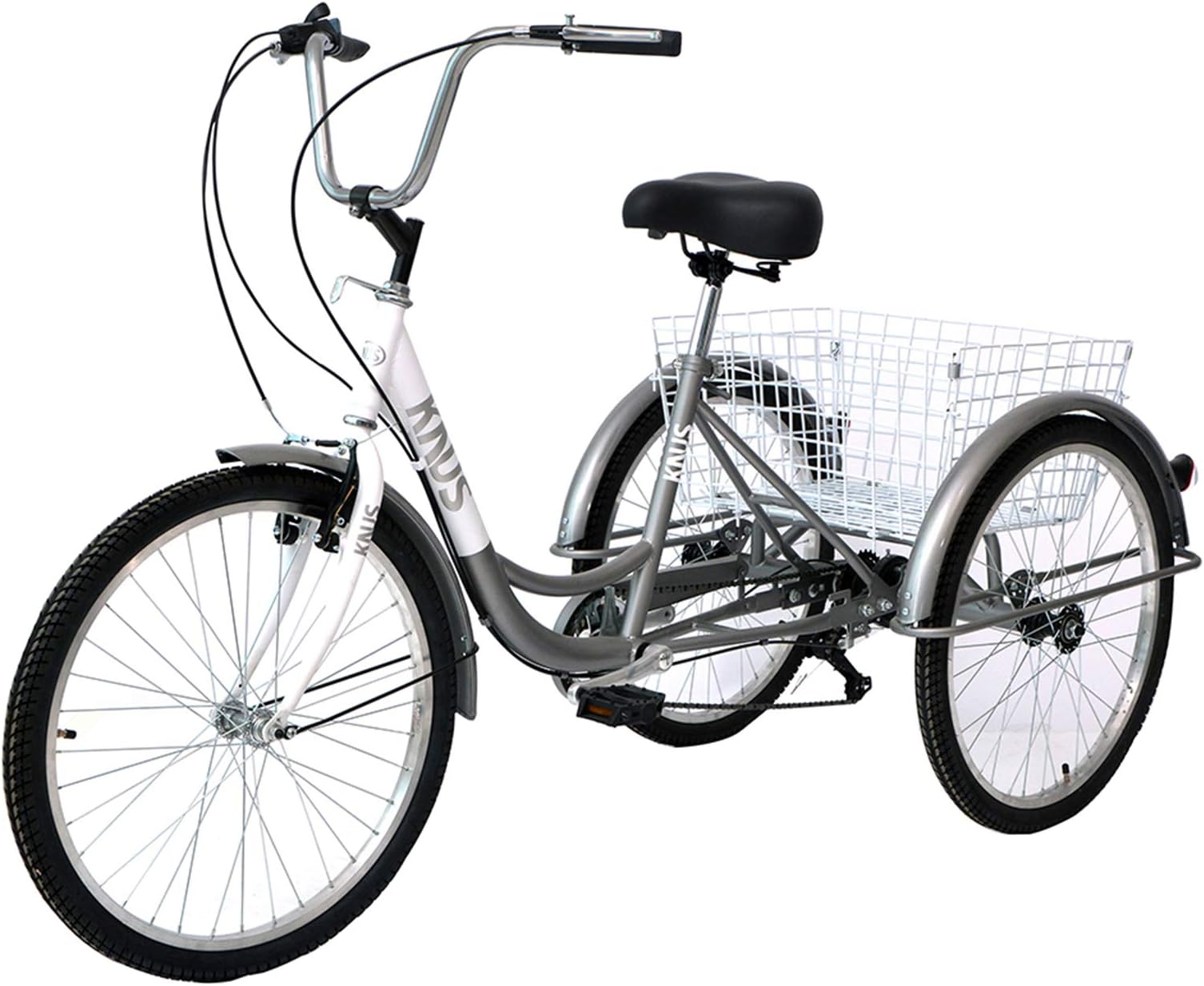 Knus Adult Tricycle Trikes,7 Speed 3-Wheel Bikes,26 Inch Wheels Cruiser Bicycles with Large Shopping Basket for Women and Men -Silver