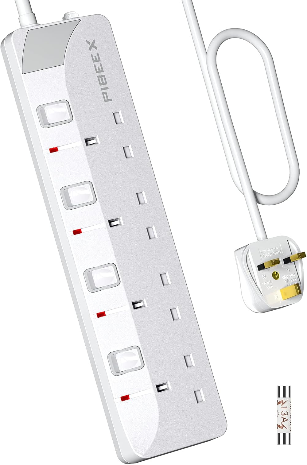 PIBEEX 4 Way Extension Lead 1.5M UK Plug 13A Fused Wall Mounted Power Strip