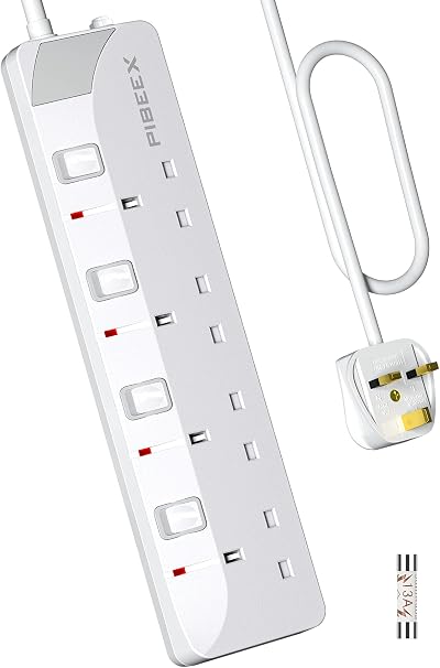 PIBEEX 4 Way Extension Lead 1.5M UK Plug 13A Fused Wall Mounted Power Strip