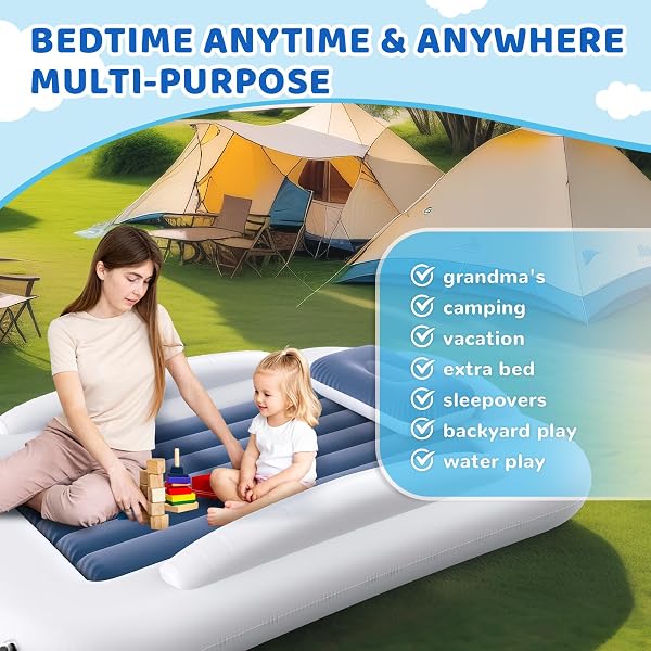 DEETECK INFLATABLE TODDLER TRAVEL BED – 60 INCHES PORTABLE TODDLER BED FOR TRAVEL WITH SAFETY SIDES – COZY KIDS AIR MATTRESS SET WITH BUILT-IN ELECTRIC PUMP & CARRY CASE- EASY TO INFLATE – SEA BLUE