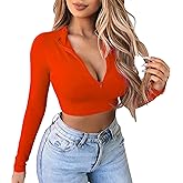 Artfish Women's Long Sleeve Quarter Zip Crop Tops Fleece Lined V Neck Fitted Sexy Cropped Shirts