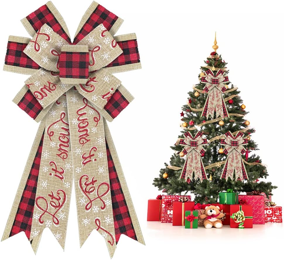 Bows & Ribbons - Heureppy Christmas Wreath Bows Decor Bow Let It Snow Words Burlap for Wreaths, Ribbon Tree Topper Home Indoor Outdoor Decoration Ornament Supplies
