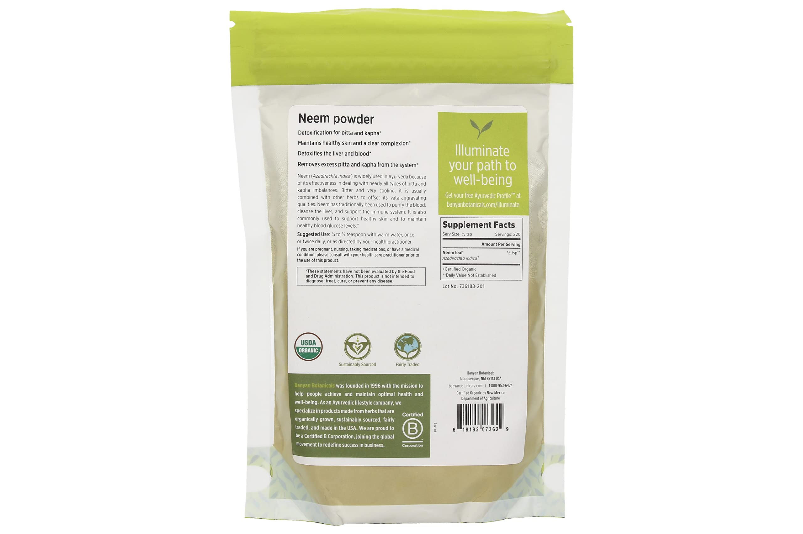 Banyan Botanicals Neem Powder - Organic Azadirachta Indica - Purifying Ayurvedic Herb for Healthy Skin & Blood* – 1/2 lb. – Fair for Life Sustainably Sourced Non-GMO Vegan