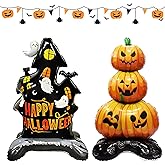 2Pcs Giant Scary Pumpkin Castle Balloons Happy Halloween Spooky Ghost Foil Mylar Balloons Set Day of the Dead Inflatable Decorations for Halloween Party Wall Decorations