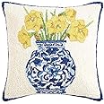 Peking Handicraft Daffodils in Chinoiserie Vase 16" Square Hooked Wool Throw Pillow, Artwork by Sally Eckman Roberts