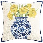 Peking Handicraft Daffodils in Chinoiserie Vase 16" Square Hooked Wool Throw Pillow, Artwork by Sally Eckman Roberts