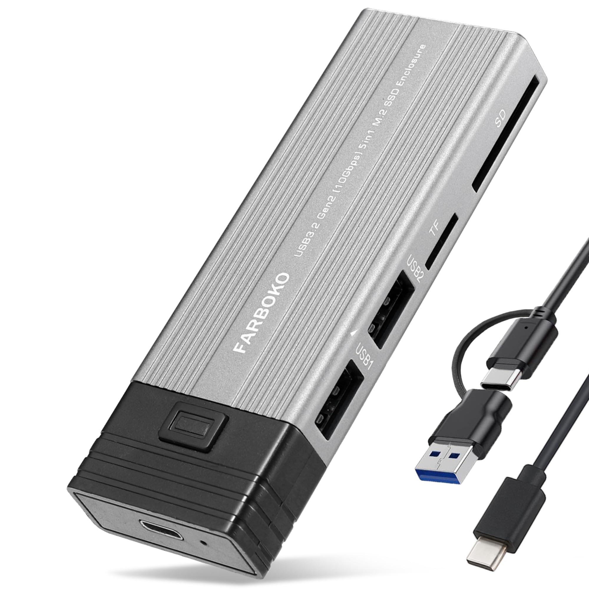 FARBOKO M.2 Nvme SSD Enclosure, Nvme to USB3.2/ USB3.1 Gen2 10Gbps Enclosure with 2 USB2.0 Ports & SD/TF Card Reader Tool-Free for M.2 NVMe/SATA SSD in 2242/2260/2280