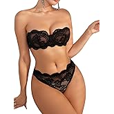 WDIRARA Women's 2 Piece Exotic Lingerie Set Floral Lace Mesh Sheer Strapless Bra and Panty Set