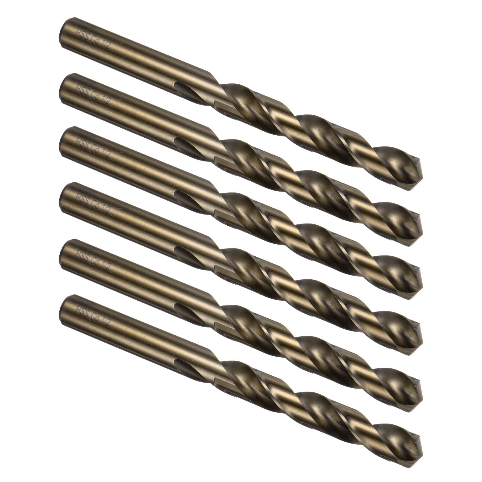 Kozelo 6PCS Twist Drill Bit - [1/2"] M35 High-Speed Steel Cobalt Round Shank Jobber Bit Set Dark Gold for Metal Wood Plastic Steel Use, 100mm / 3.94" Blade Length