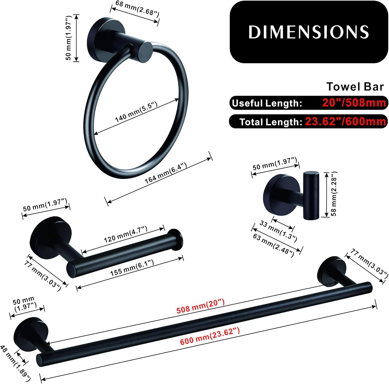 Marmolux Acc Towel Racks for Bathroom Black Bathroom Accessories-Hand Towel Bar, Towel Ring, Toilet Paper Holder, Towel/Robe Hook, Stainless Steel Wall Mounted Toilet Towel Rack Set 9110BK Matte Black: Home & Kitchen