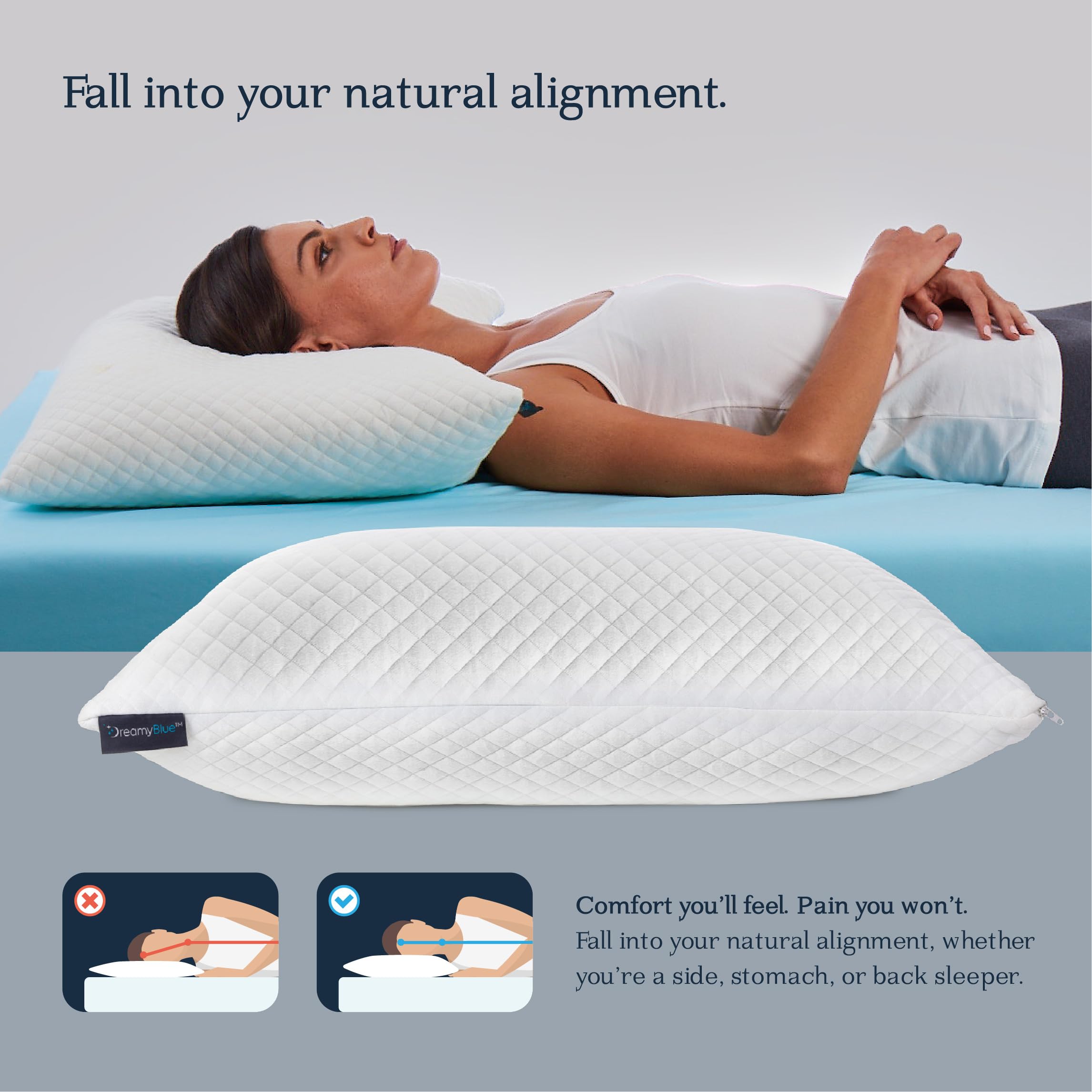 DreamyBlue Signature Pillow w/Adjustable Loft • Shredded Memory Foam Fill • Neutral Alignment for Side, Back, and Stomach Sleepers • Washable Bamboo Rayon Cover • CertiPUR-US Certified Foam (Queen)