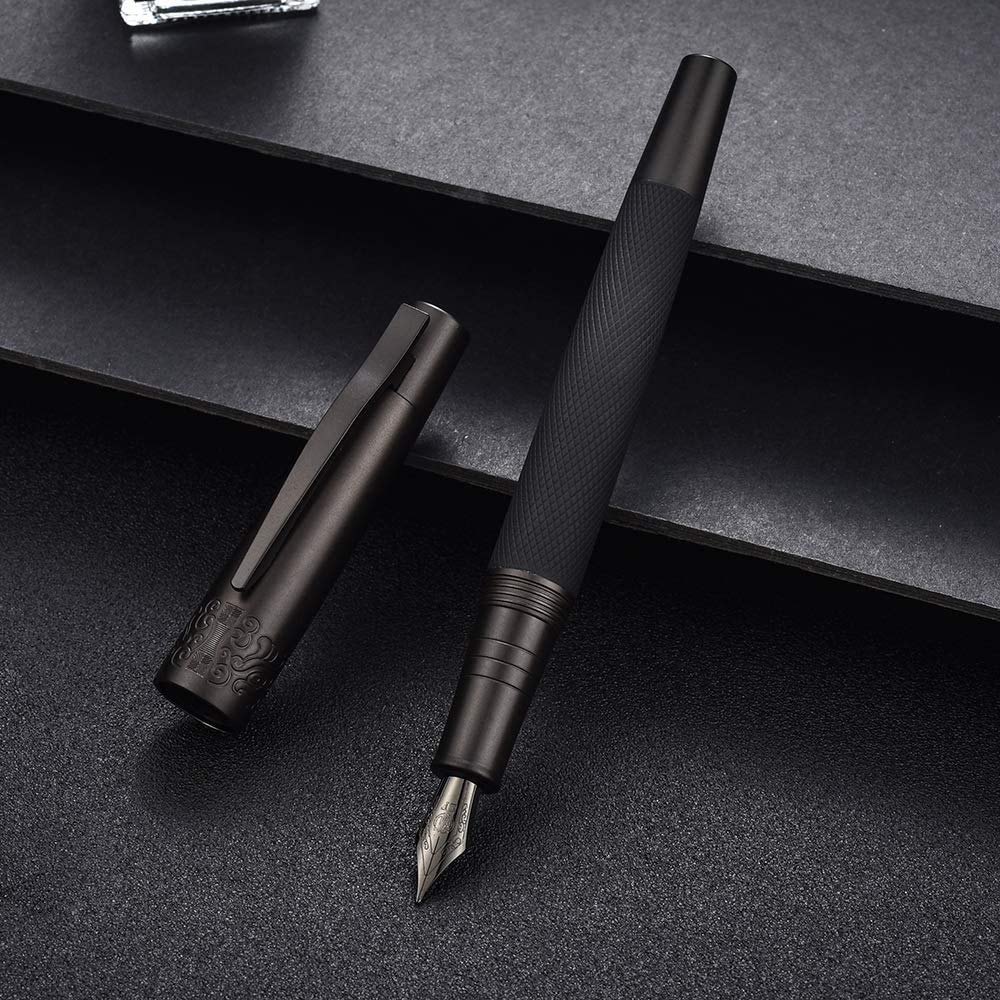 Hongdian 6013 Matte Black Fountain Pen Black Fine Nib with Metal Pen Box Set