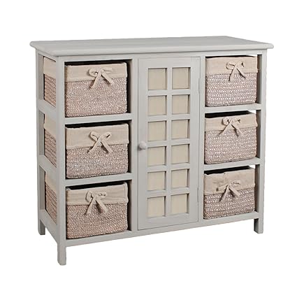 ts-ideen Landhaus Kommode Bad Flur Regal Schrank Sideboard in waschgrau mit 6 Flechtkörben