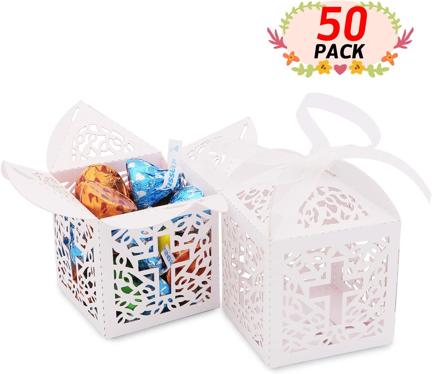 ANTENG Baptism Favor Boxes with Ribbons, Cross Laser Cut Favor Box for Christening